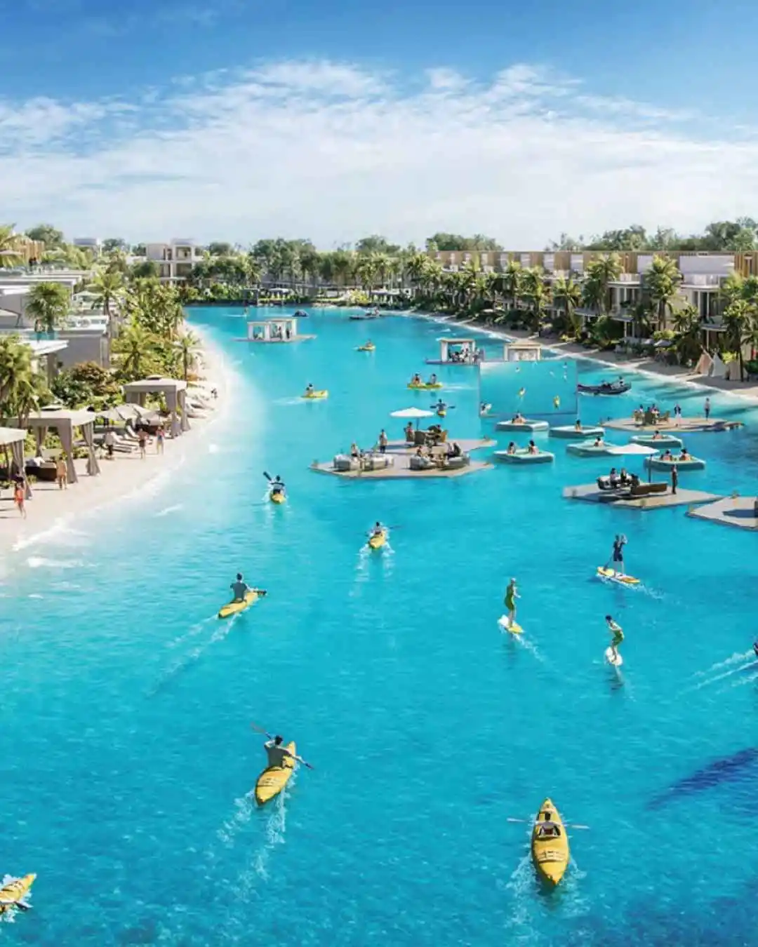 Water activities and beachfront homes showing the pros & cons of living in Damac Islands, Dubai.