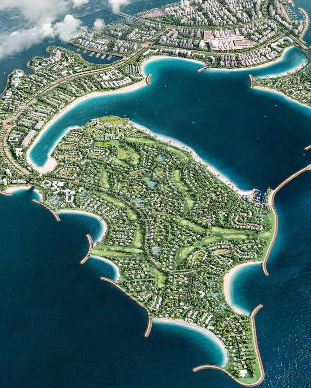 Aerial view of lush, planned Dubai Islands highlighting the pros and cons of living in Dubai Islands.