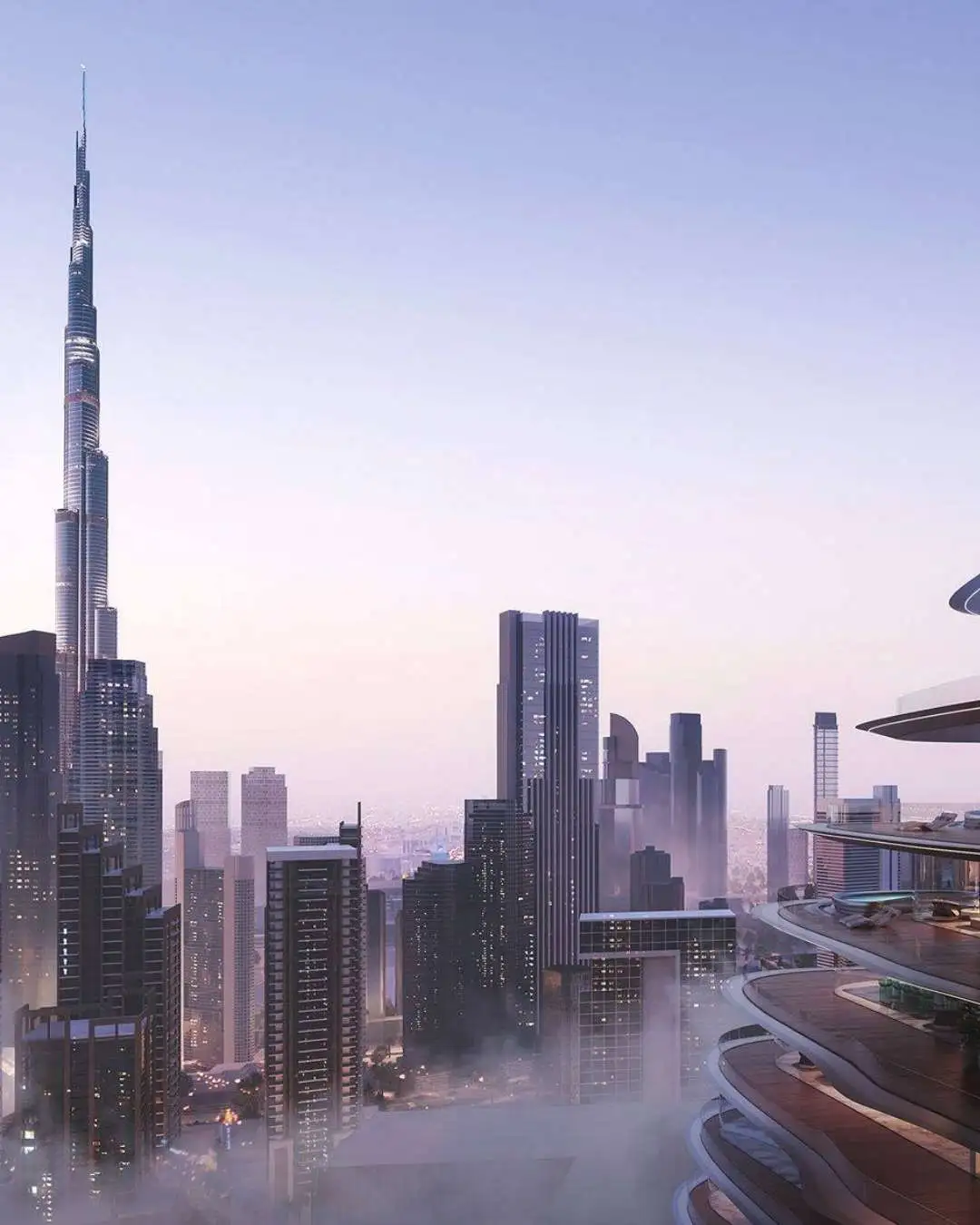 Modern skyline view of towering skyscrapers and luxury property in Dubai at dawn with soft mist.