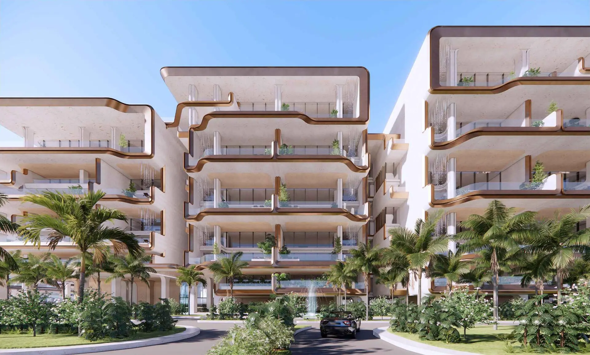 A modern architectural design of Alba Residences with lush greenery and sleek, curved balconies.