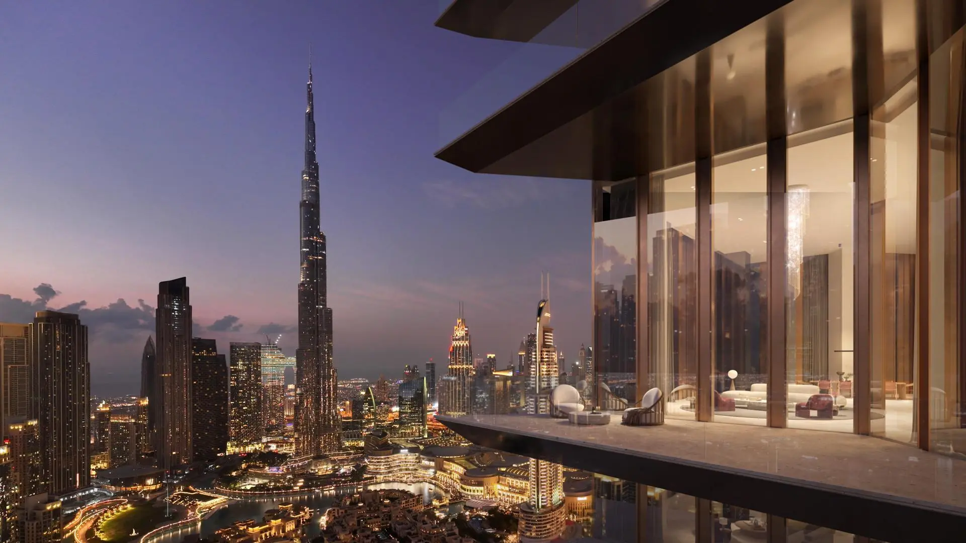 Luxury balcony view from Baccarat Residences at Downtown overlooking Burj Khalifa and city lights.