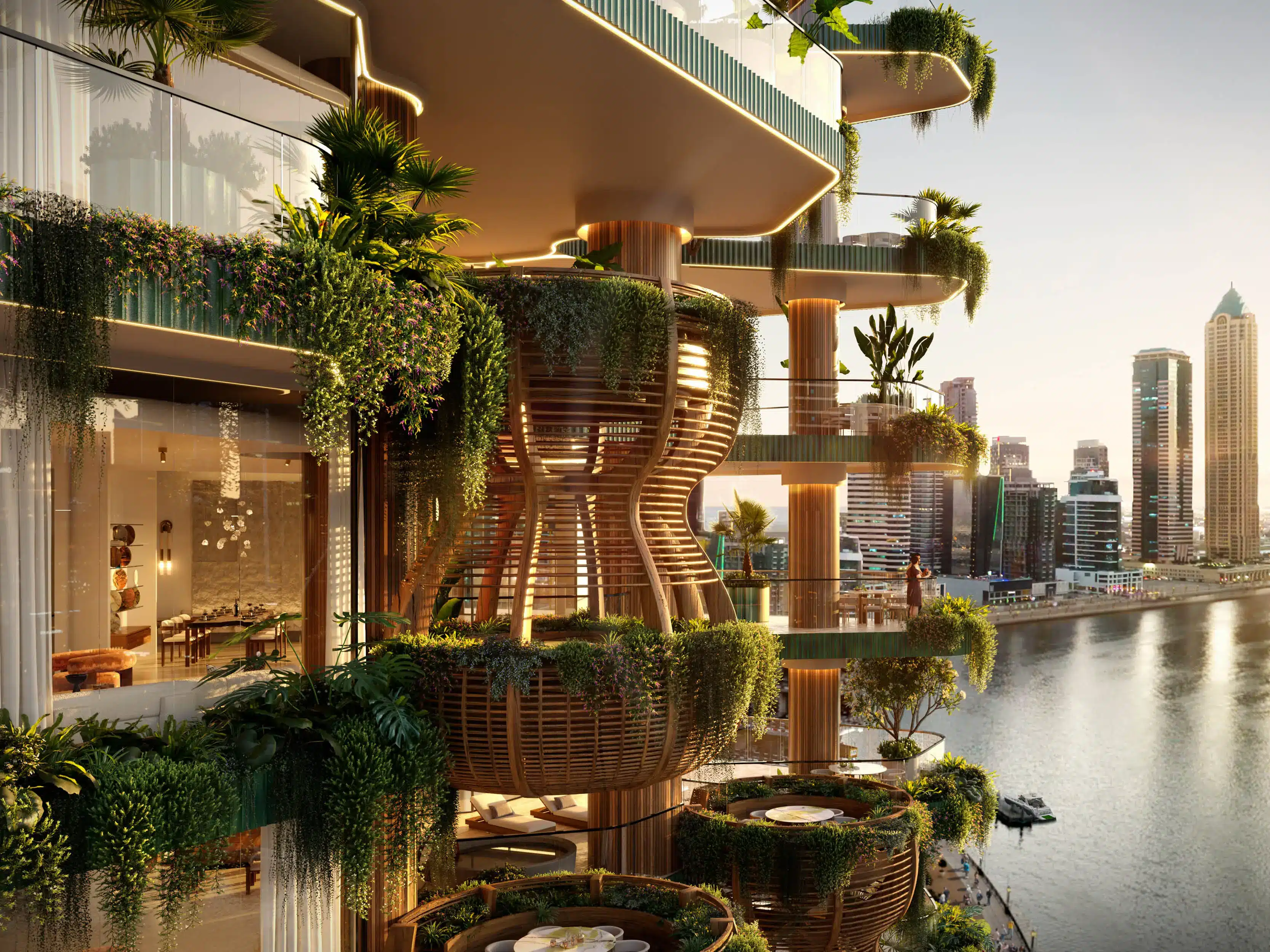 Luxurious terraces with lush greenery and water views at Eywa Dubai’s waterfront residences.