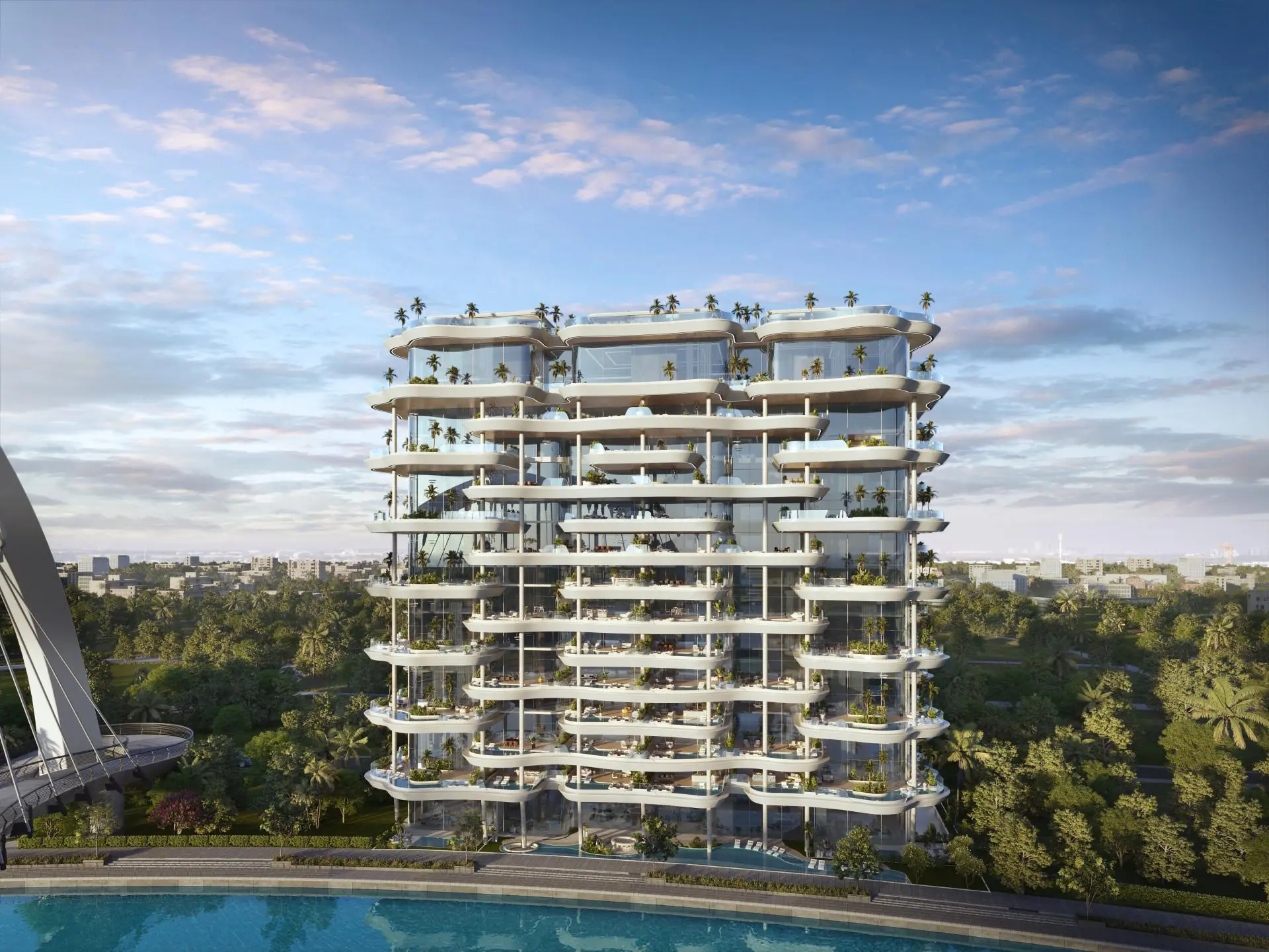 Modern glass-fronted Casa Canal tower with lush terrace gardens overlooking a serene waterfront.