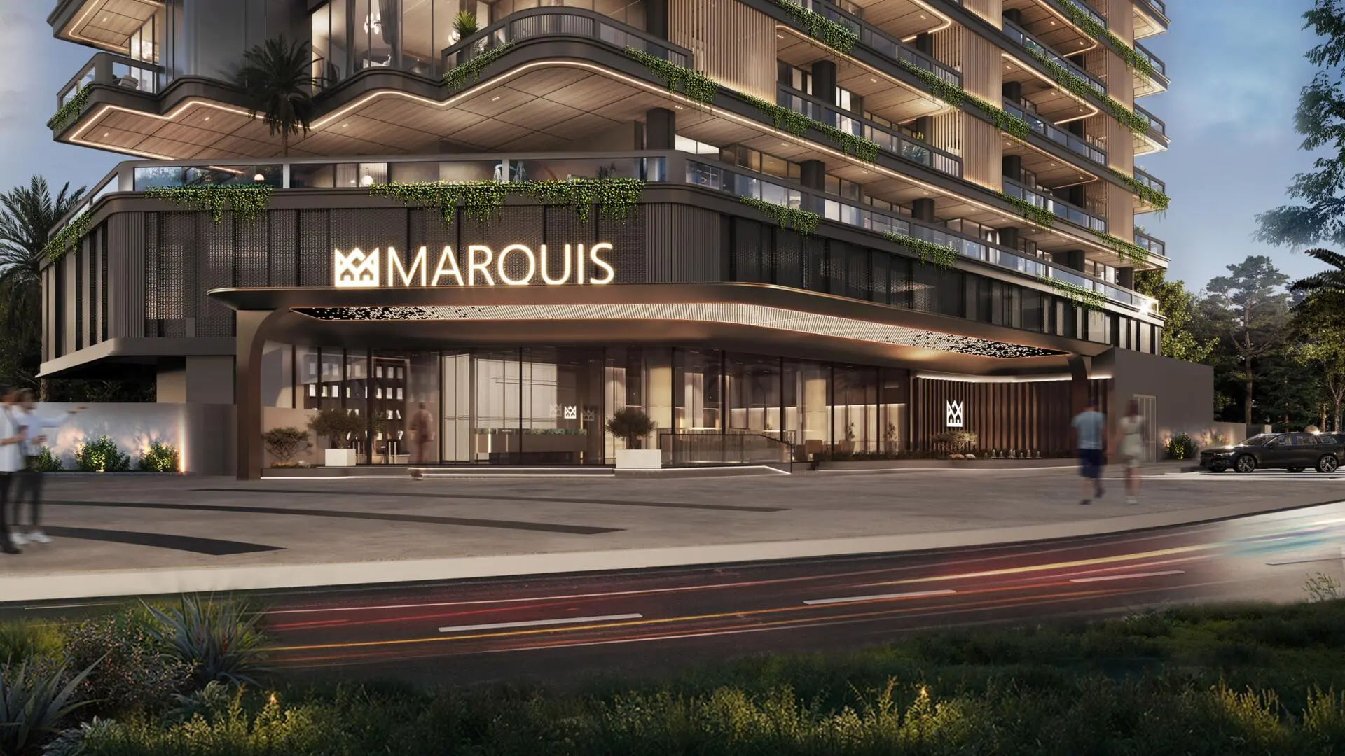 Elegant exterior view of MARQUIS Vista, featuring modern balconies with greenery and sleek lighting.
