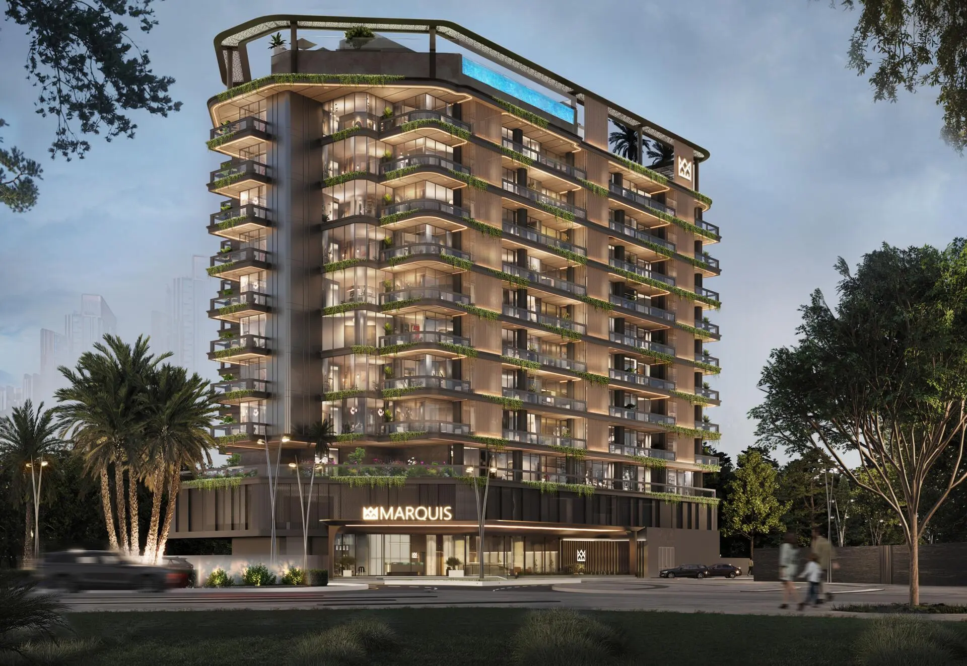Modern evening view of MARQUIS Vista, a luxury residential building with balconies and rooftop pool.