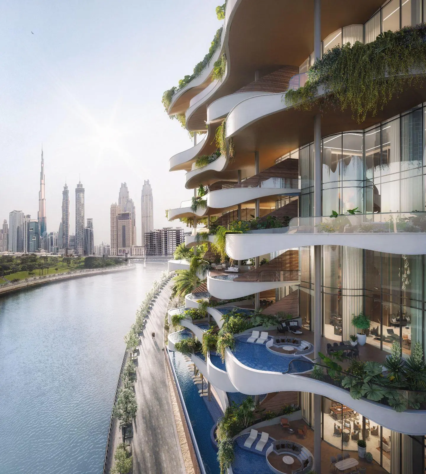 Luxurious terraces with pools at One Canal Residences overlooking Dubai skyline and canal views.