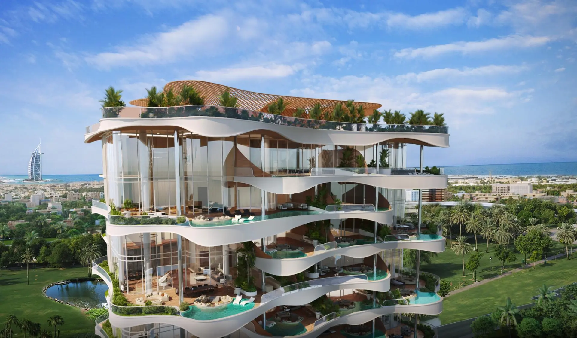A striking, multi-story building with undulating white balconies and private pools, showcasing the luxurious One Canal Residences