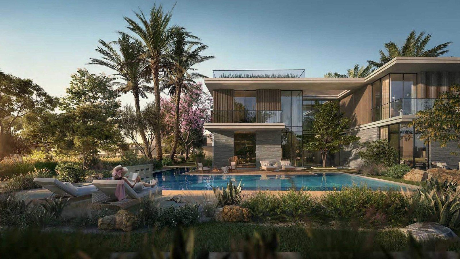 A luxurious modern house, "The Grand Polo," with a large swimming pool, surrounded by palm trees and lush greenery.