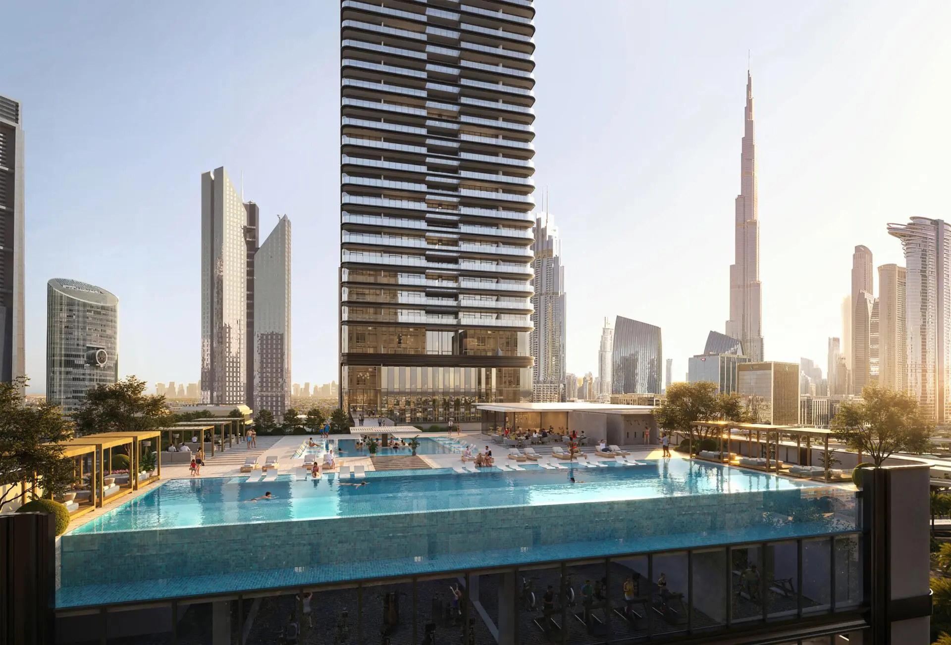 A luxurious rooftop pool with a view of modern skyscrapers, including the Trump Hotel & Tower.