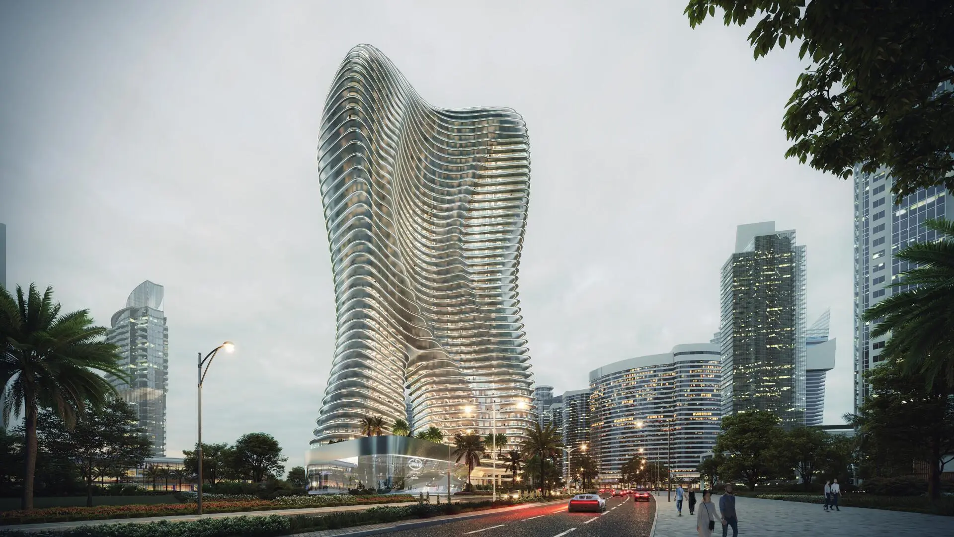 Futuristic Bugatti Residences tower with sleek, wave-like glass design in a modern city skyline.