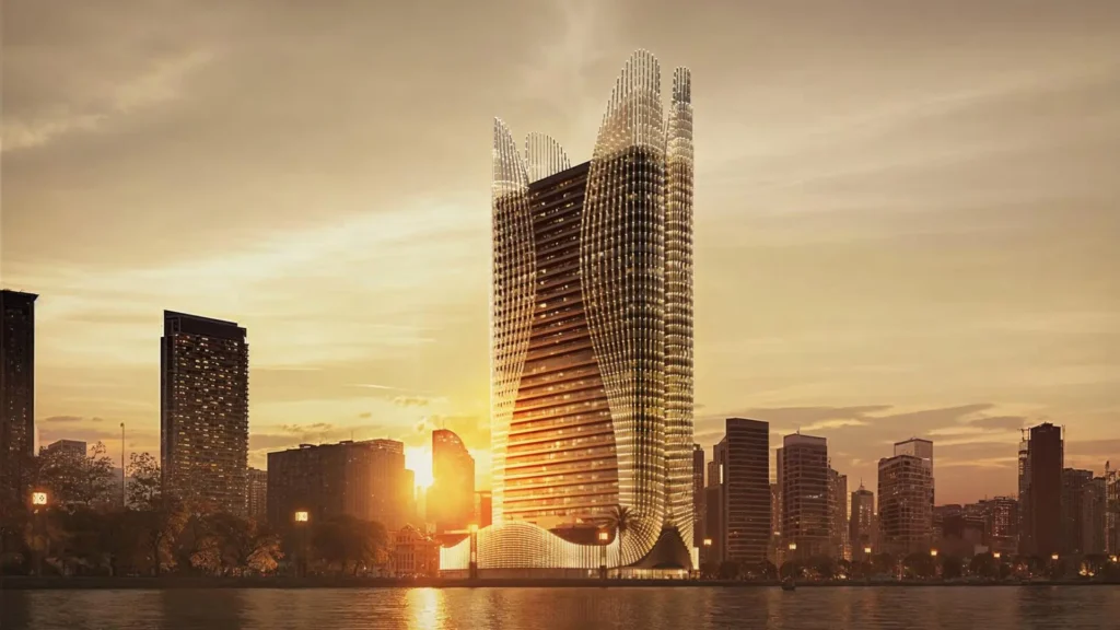Modern cityscape featuring the futuristic Binghatti Skyhall tower with flowing sun view