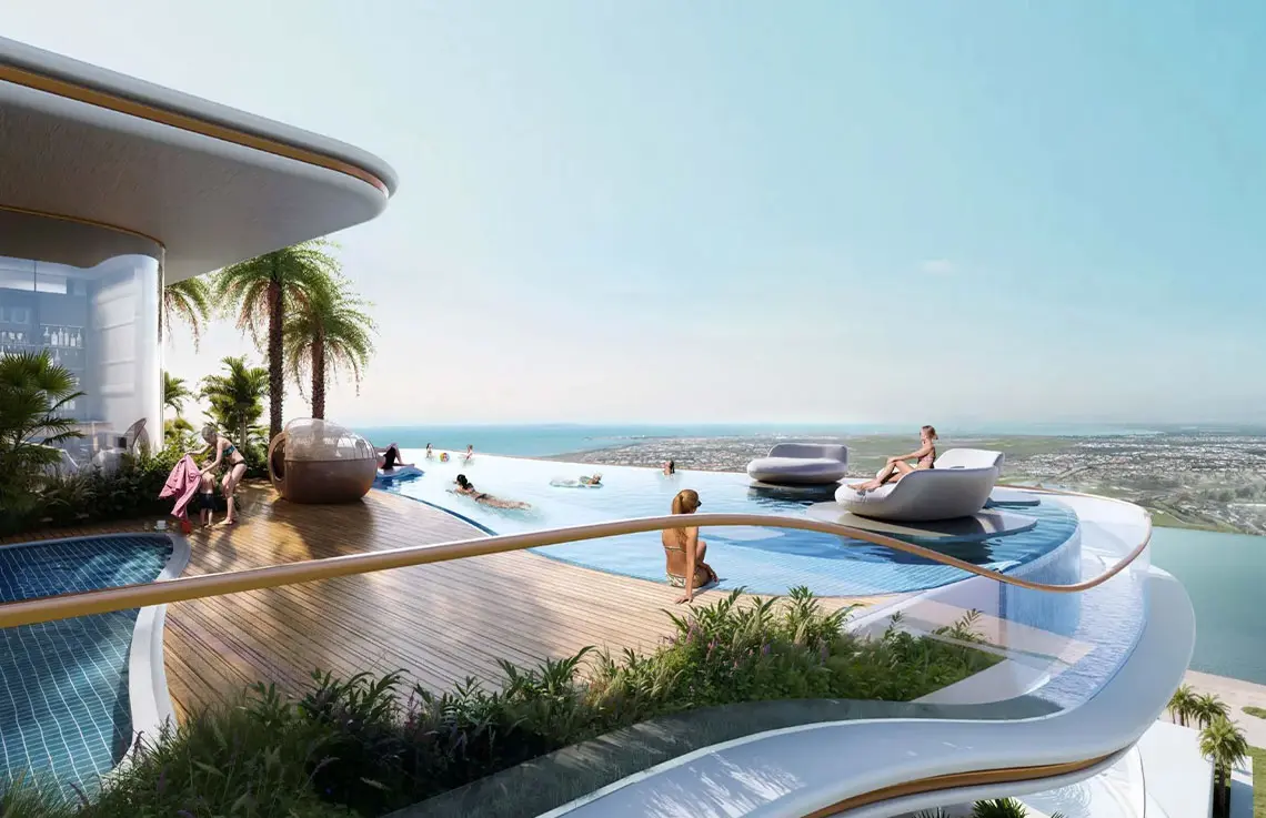 Rooftop infinity pool at Imtiaz Wynwood Residence with city, ocean views, and luxury loungers.