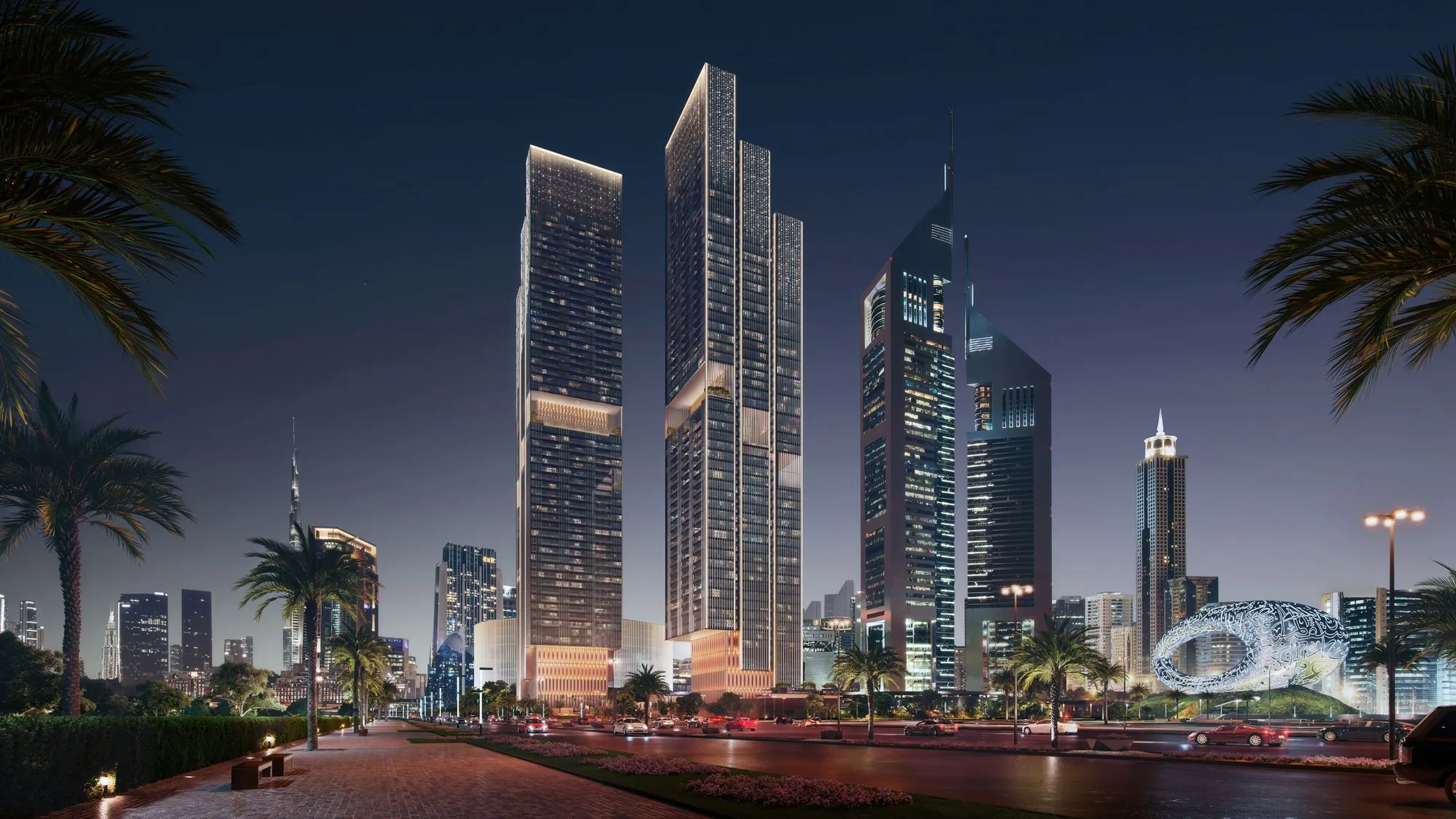 Night view of Jumeirah Residences Emirates Tower with city skyline and Museum of the Future nearby.