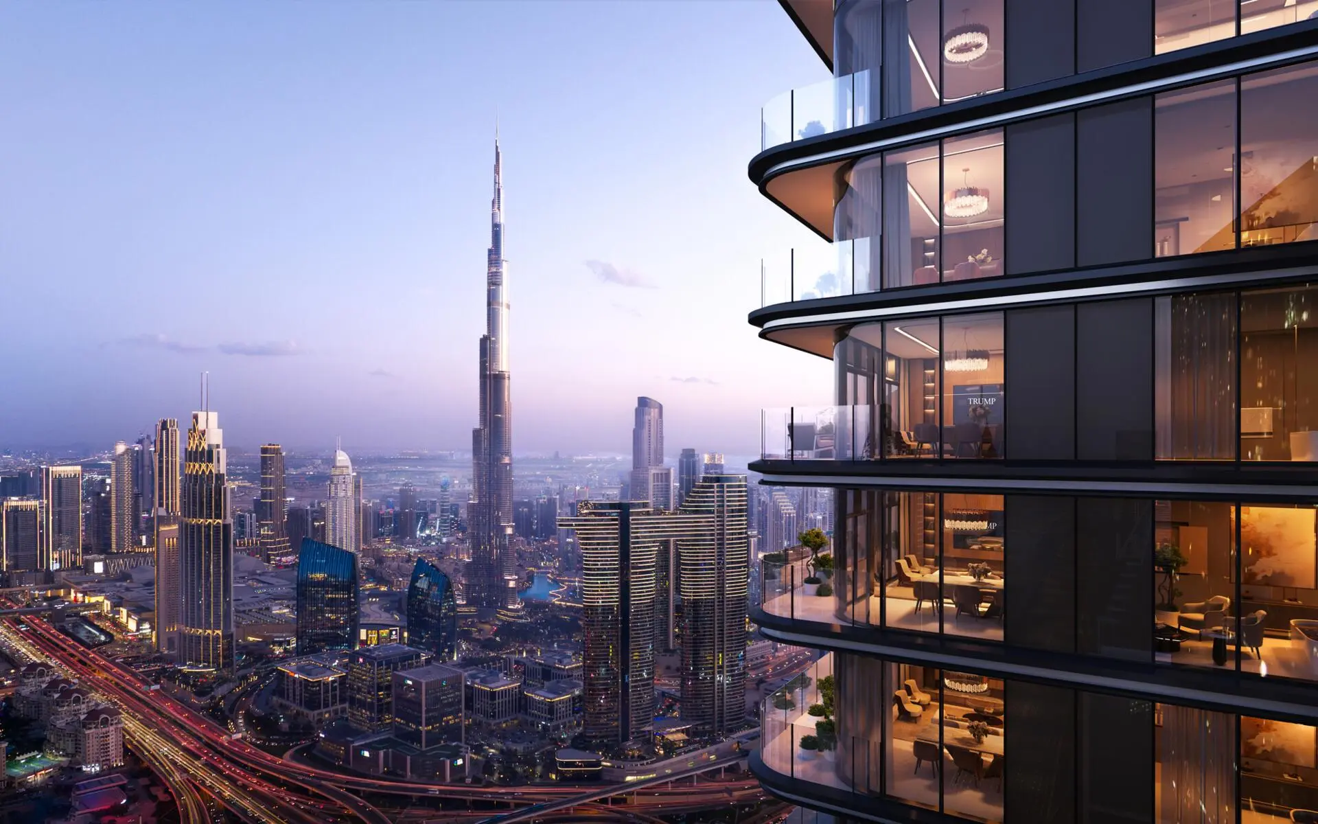 Modern cityscape view with Burj Khalifa and Trump Hotel Tower’s glass-fronted luxury apartments.