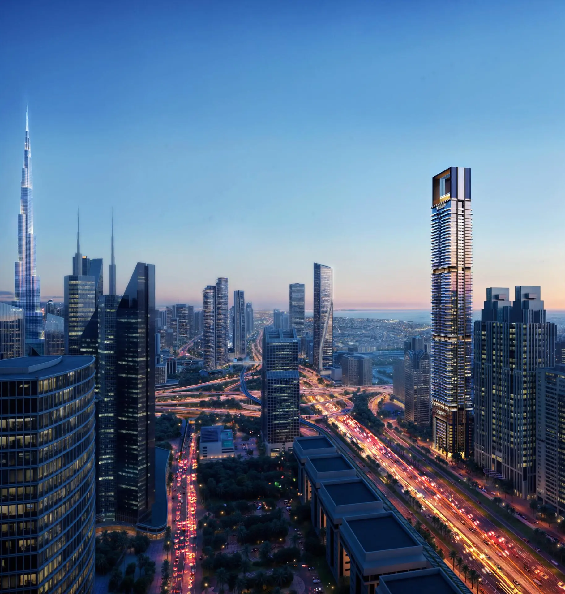 A skyline view of Dubai featuring the illuminated Trump Tower rising tall among modern skyscrapers.