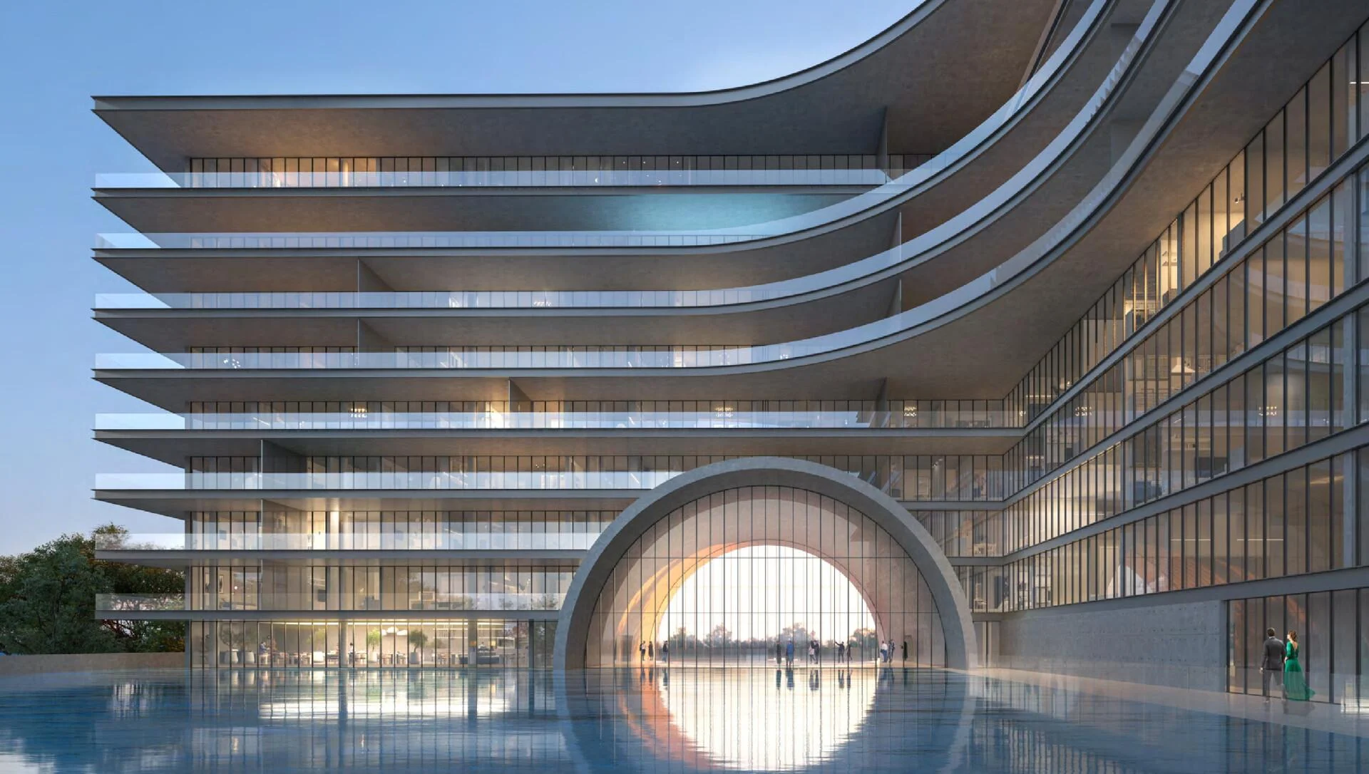 Armani Residences by Arada, a modern building with curved balconies and a large arched entrance.