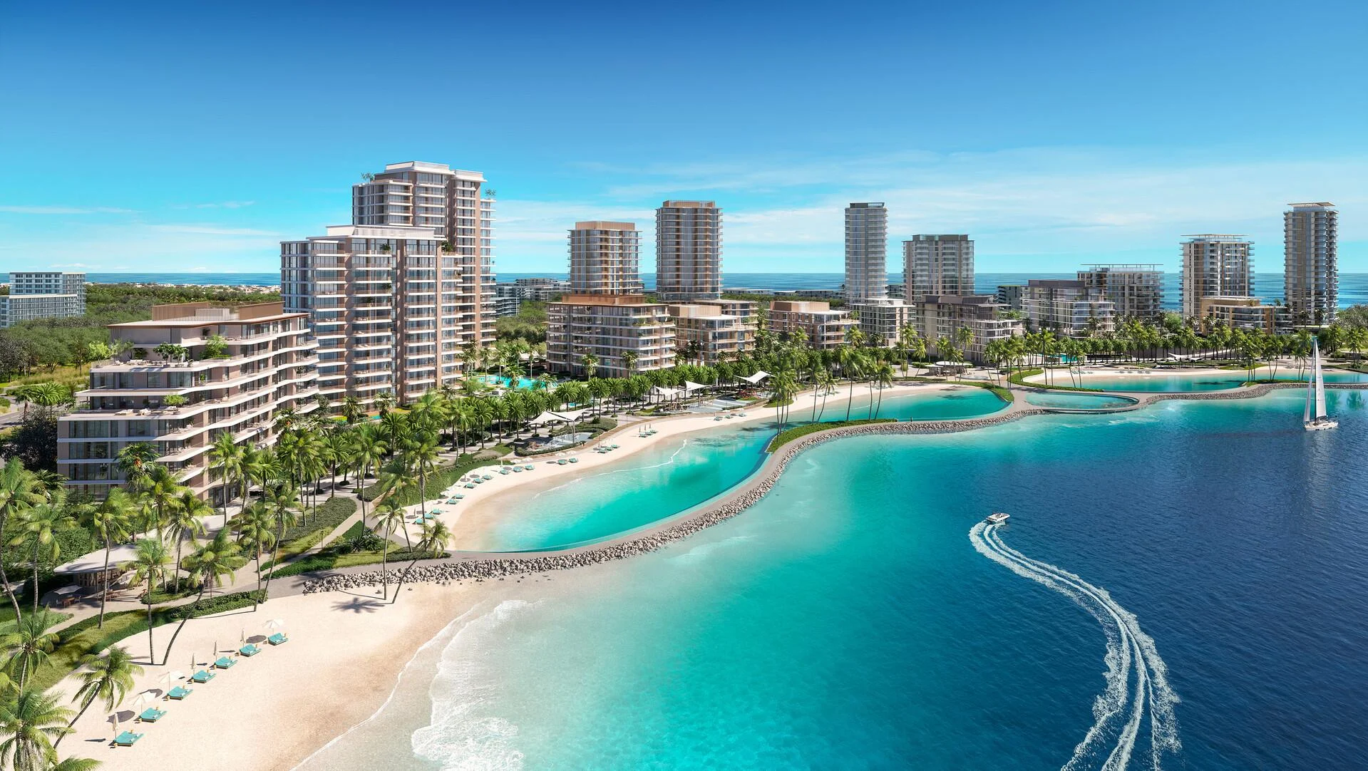 A vibrant aerial view of Bay Grove Residences with beachfront buildings, a turquoise lagoon, and a boat on the open sea.