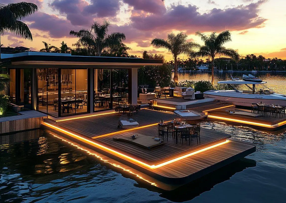 Luxury waterfront dining deck with a yacht at sunset in Damac Islands’ serene coastal setting.