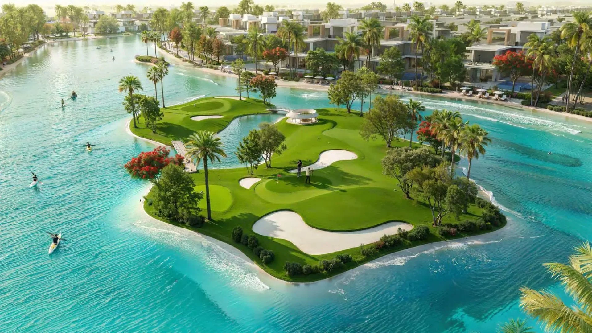 Aerial view of Damac Islands featuring a lush golf course island surrounded by crystal lagoons.