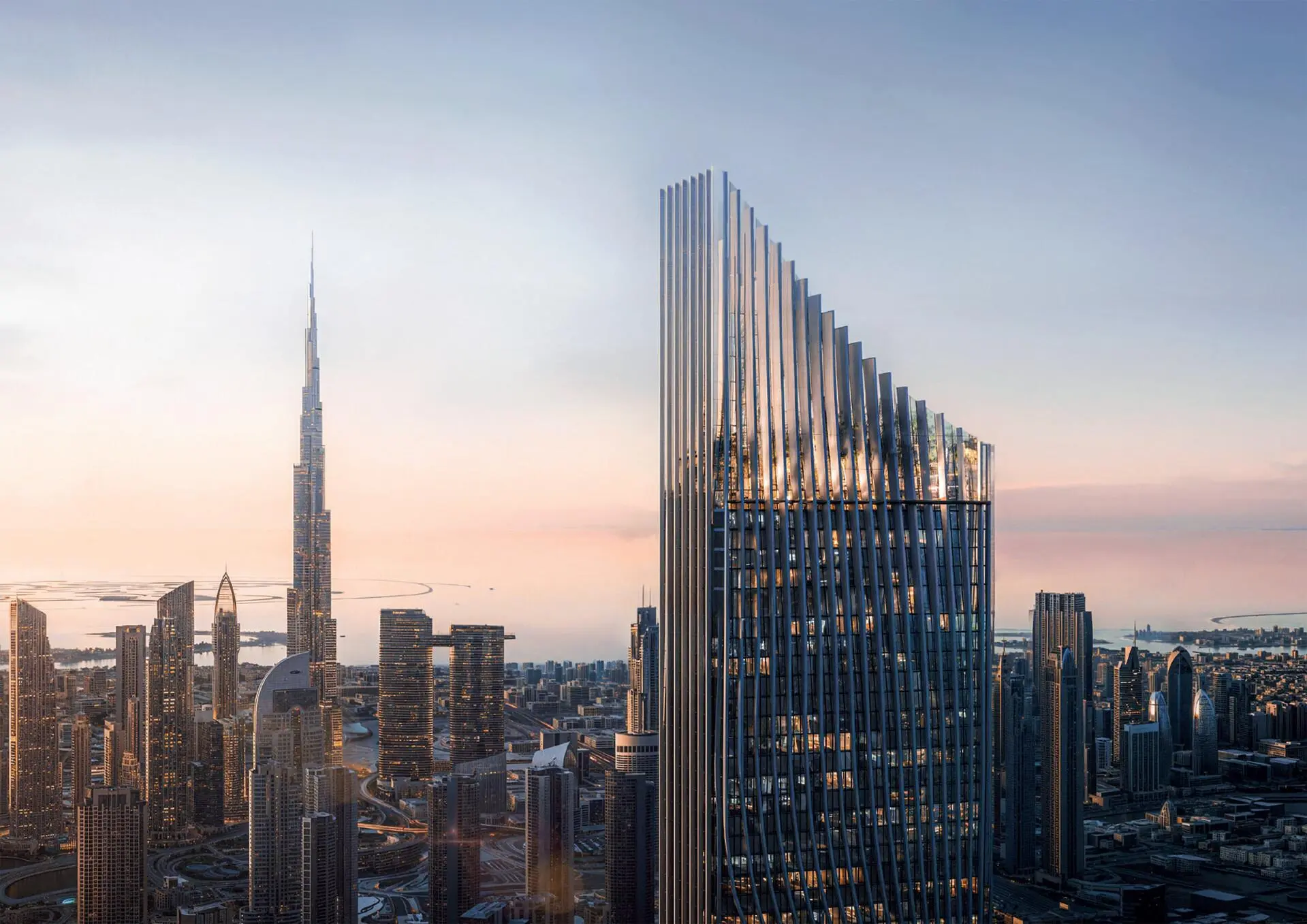 A towering, modern skyscraper, the Tiger Sky Tower, stands tall against a city skyline at dusk.