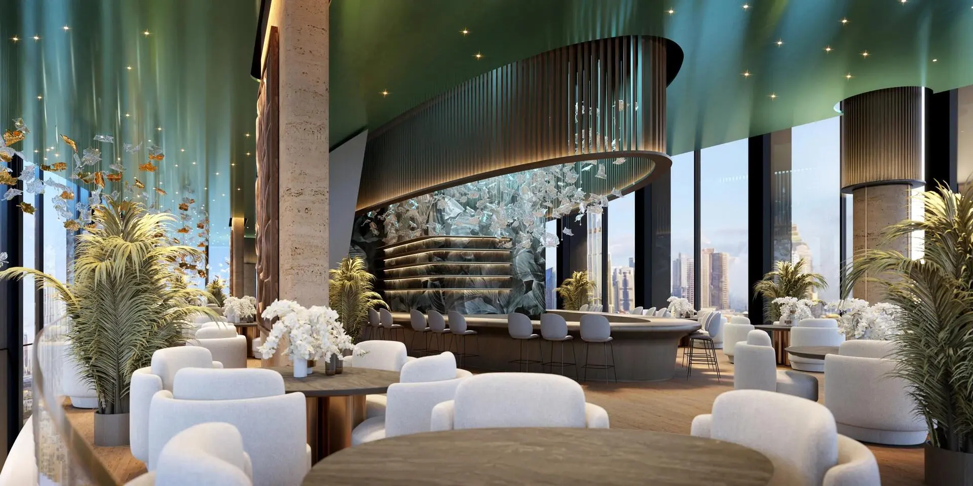 A high-end restaurant within the Tiger Sky Tower, featuring a bar, white seating, and city views.