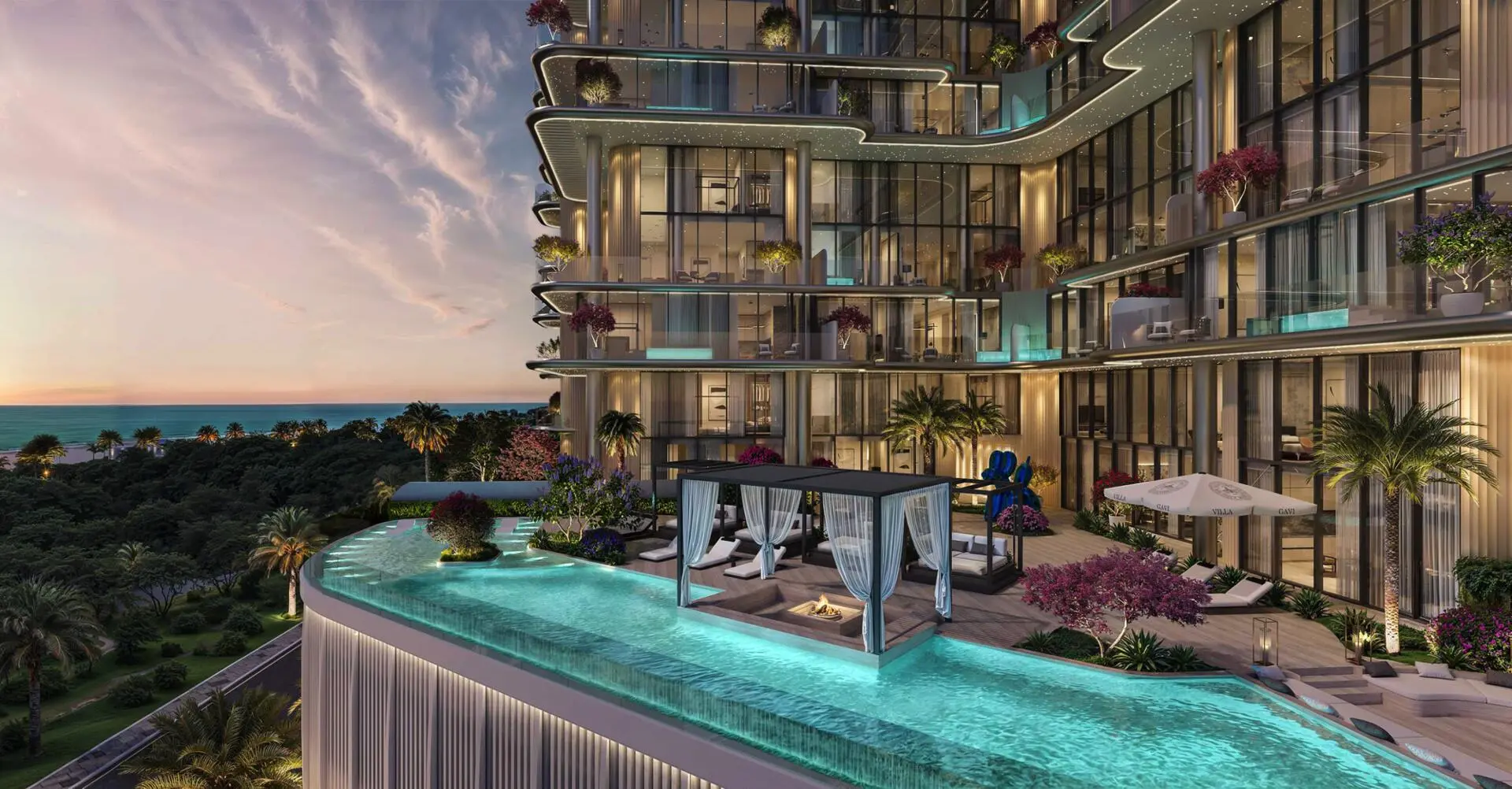 Villa Del Gavi: Luxurious rooftop pool with cabanas, city skyline, and ocean views at sunset.