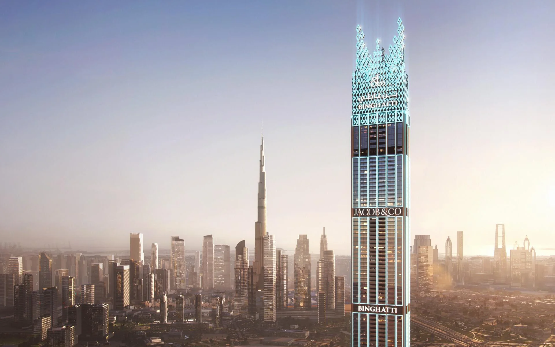Burj Binghatti tower in Dubai skyline with modern design and luxury high-rise architecture.