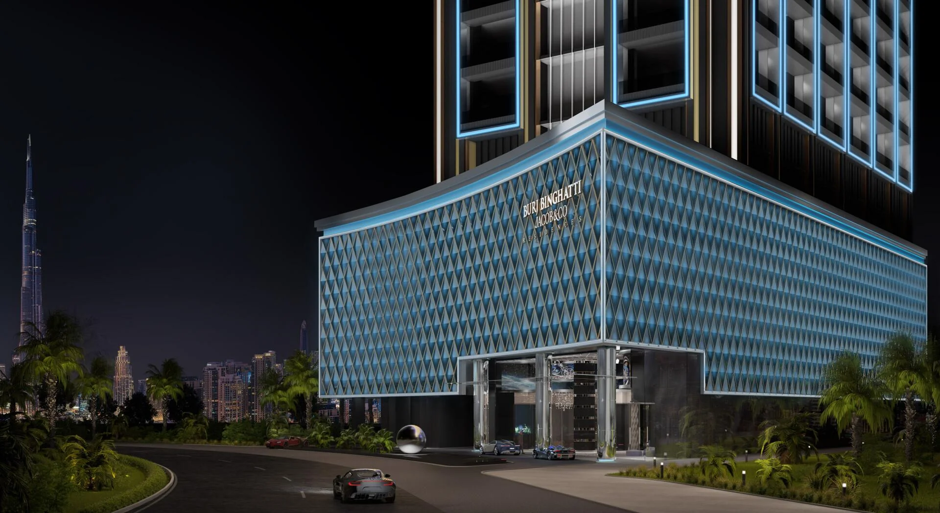 Night view of Burj Binghatti entrance with modern glass design and luxury details.