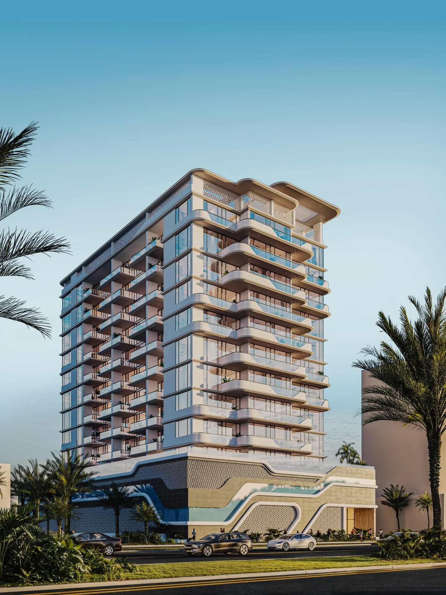 The striking Evora Residence, a modern high-rise building, stands tall against a clear sky.