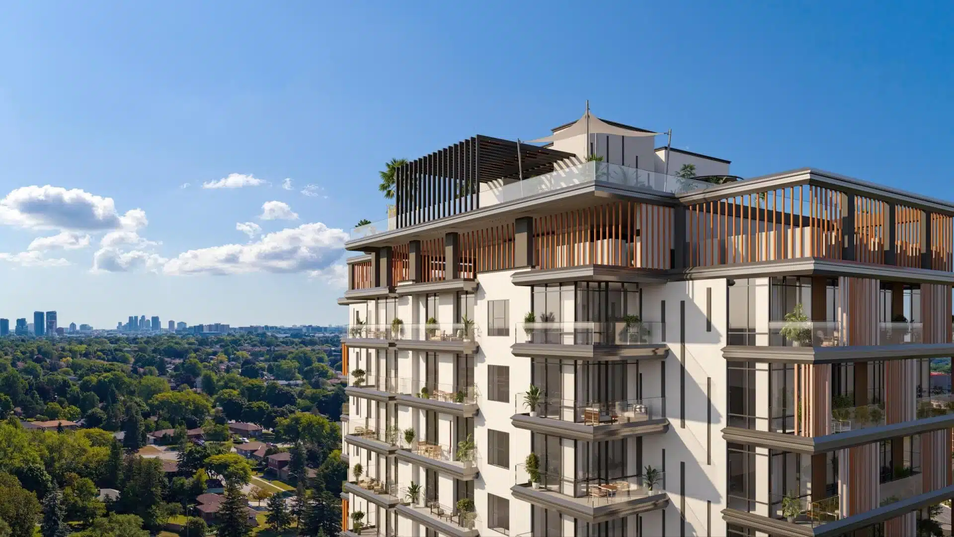 Modern residential tower of Manam Pearl with glass balconies and rooftop terrace.