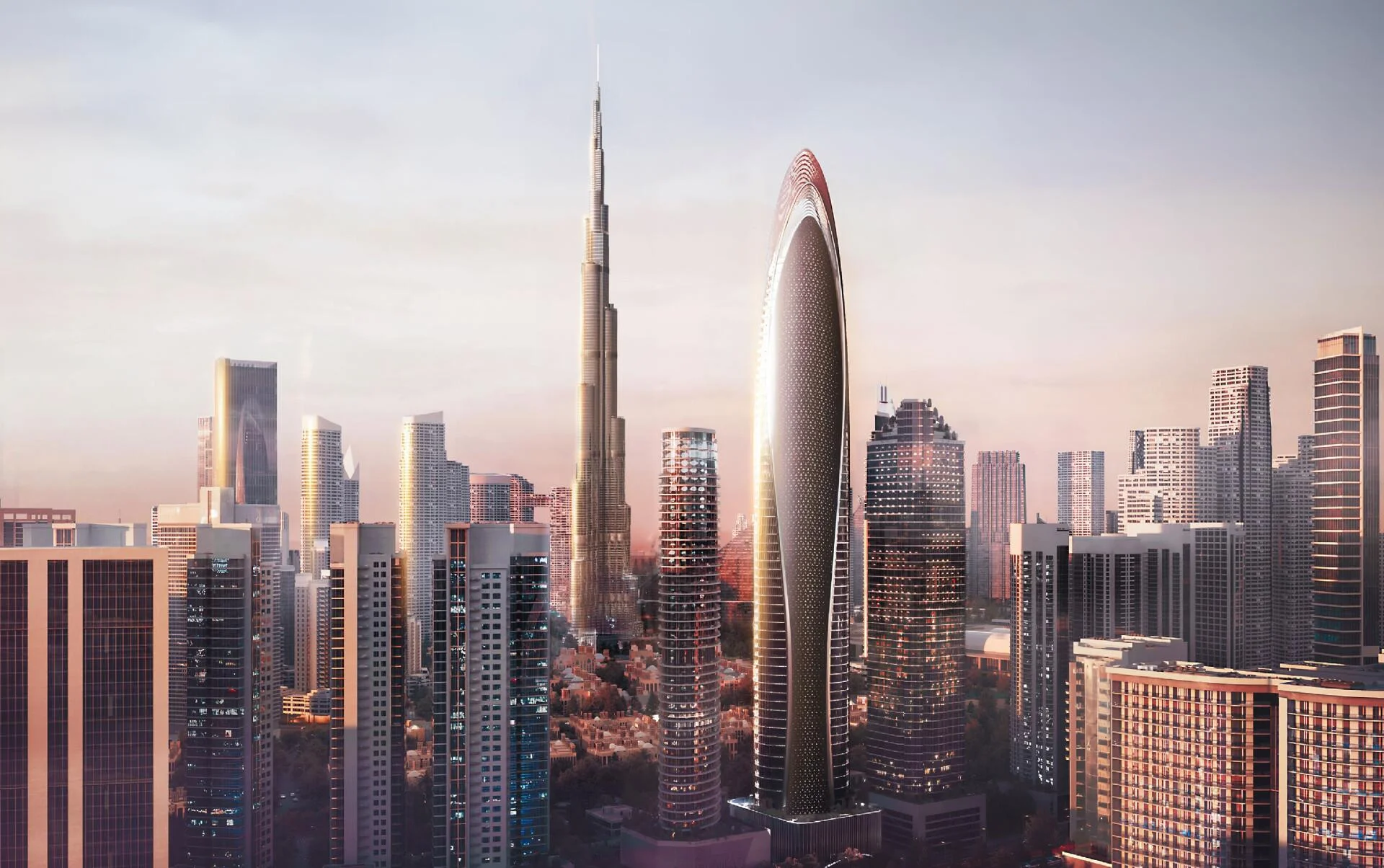 Futuristic Dubai cityscape featuring Mercedes Benz Places, the iconic Burj Khalifa, and modern skyscrapers at dusk.