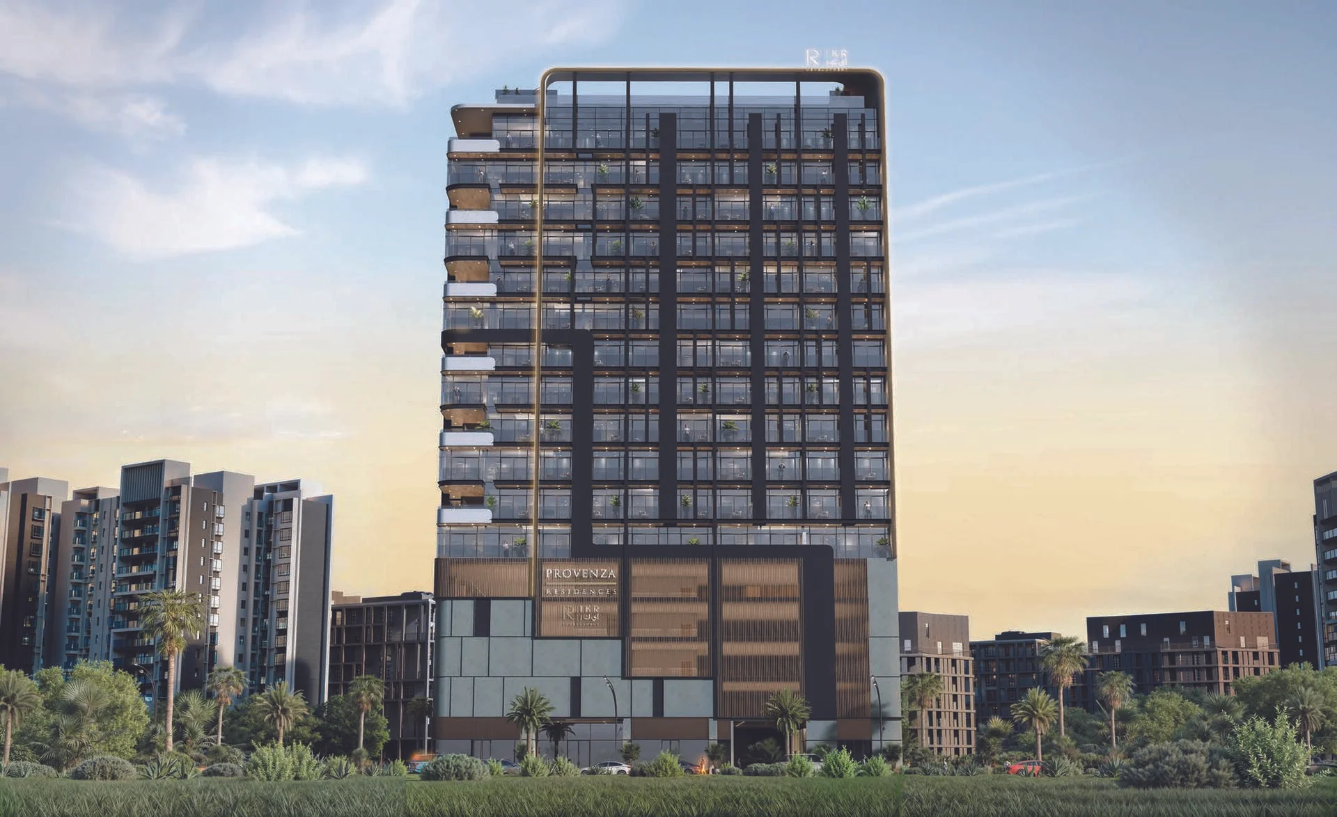 Modern high-rise Provenza Residences with glass facade and balconies surrounded by lush greenery.