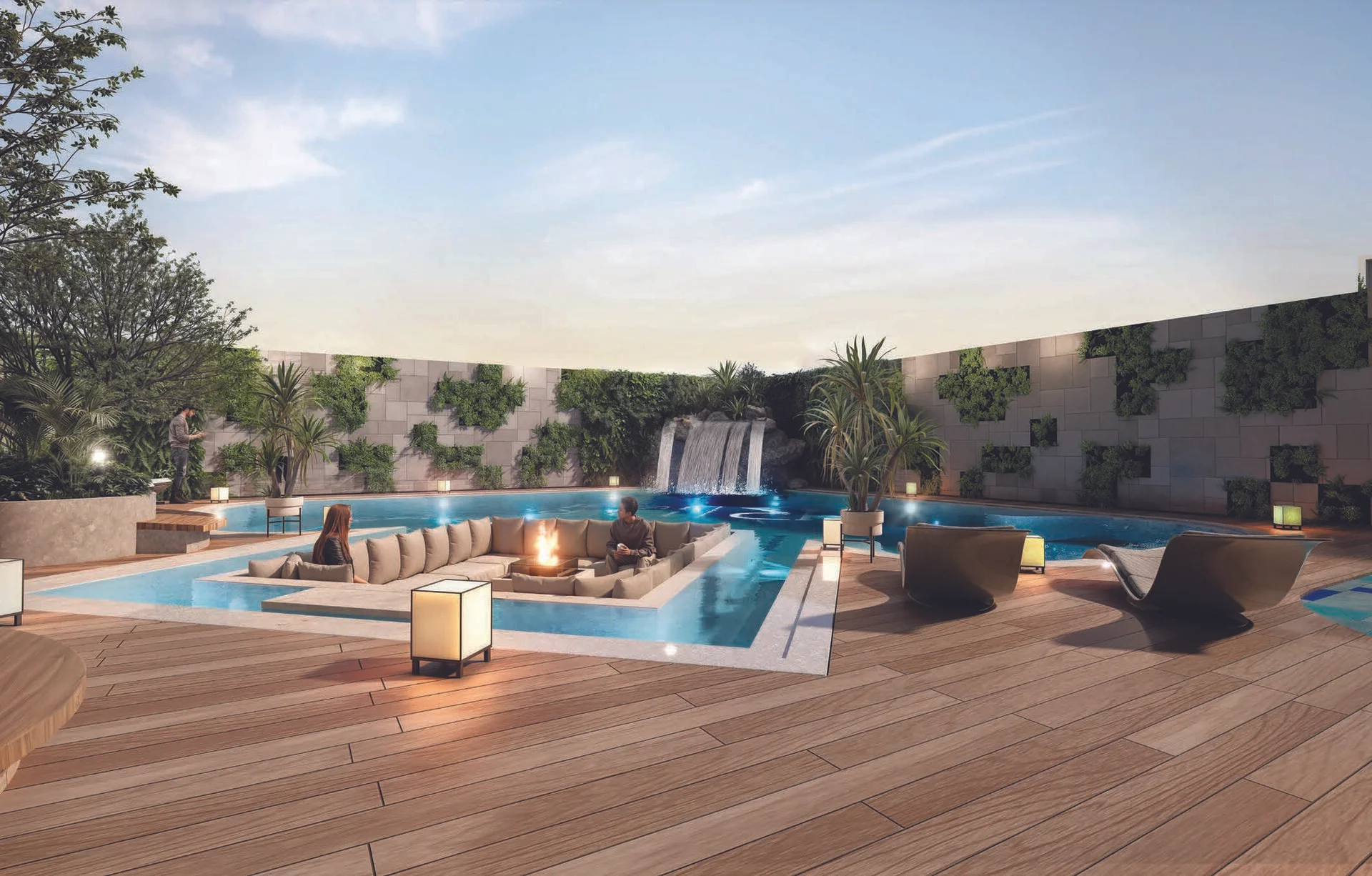 Luxury poolside lounge with firepit and waterfall at Provenza Residences.