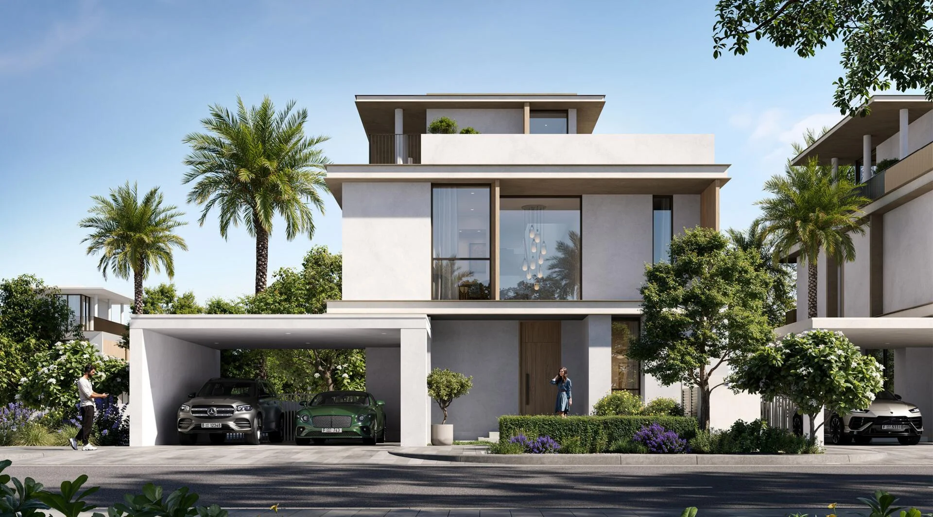 Modern luxury villa at Selvara 3 with sleek design, large windows, lush landscaping, and private parking.