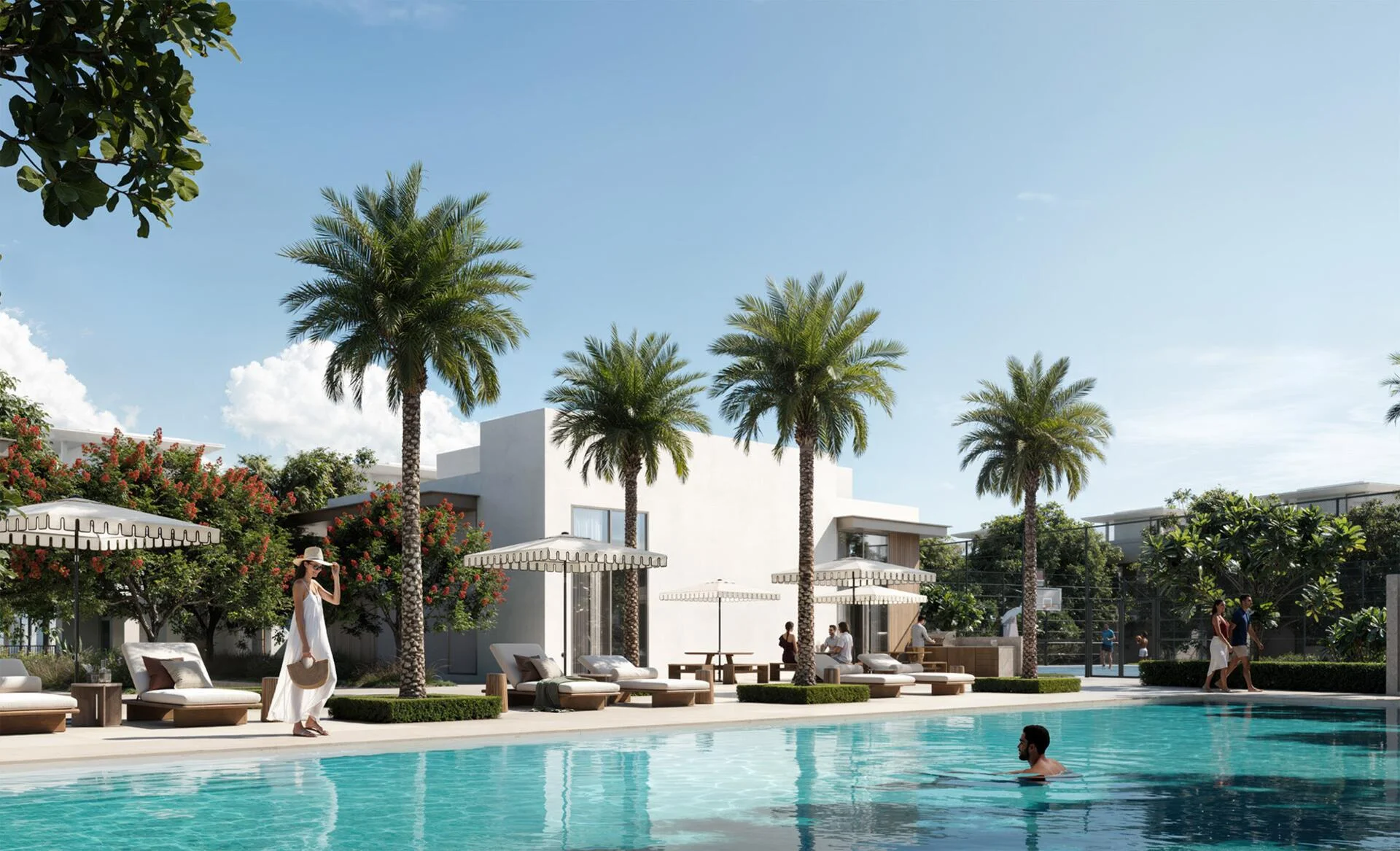 Luxury villas at Selvara 3 with a sparkling pool, palm trees, and sunny skies.