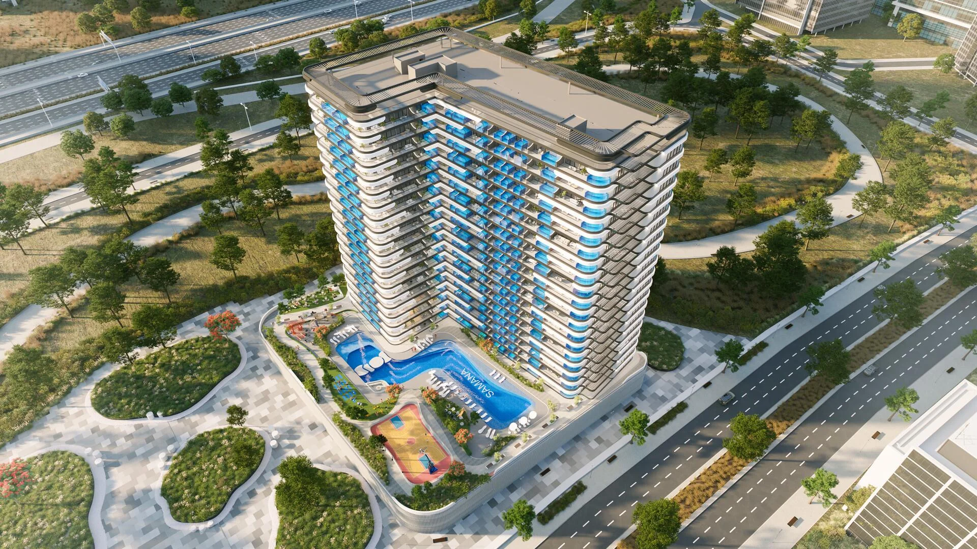 A stunning aerial view of a modern high-rise building, Samana Resorts, with blue-tiled balconies.