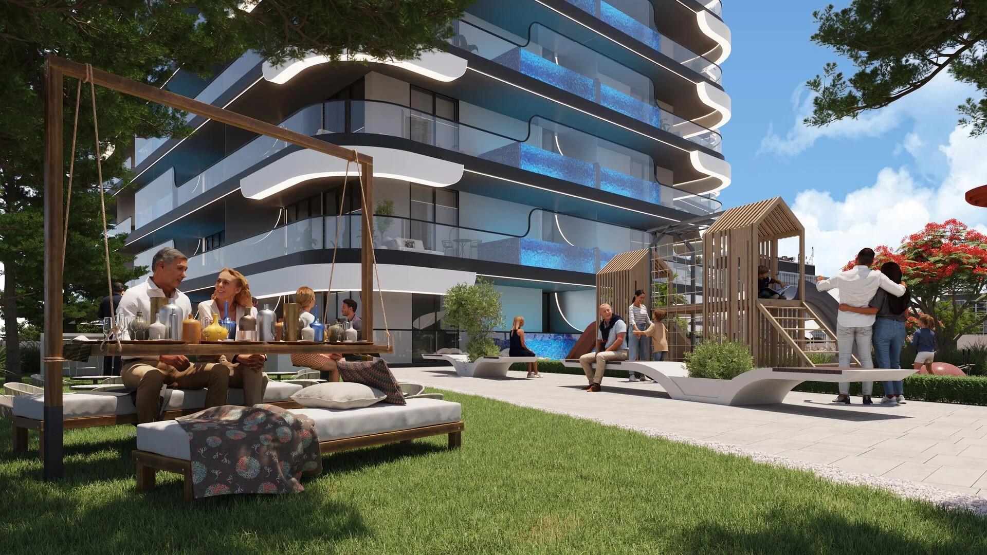 A lively outdoor area at Samana Resorts with a swing set, lounge beds, and a playground.