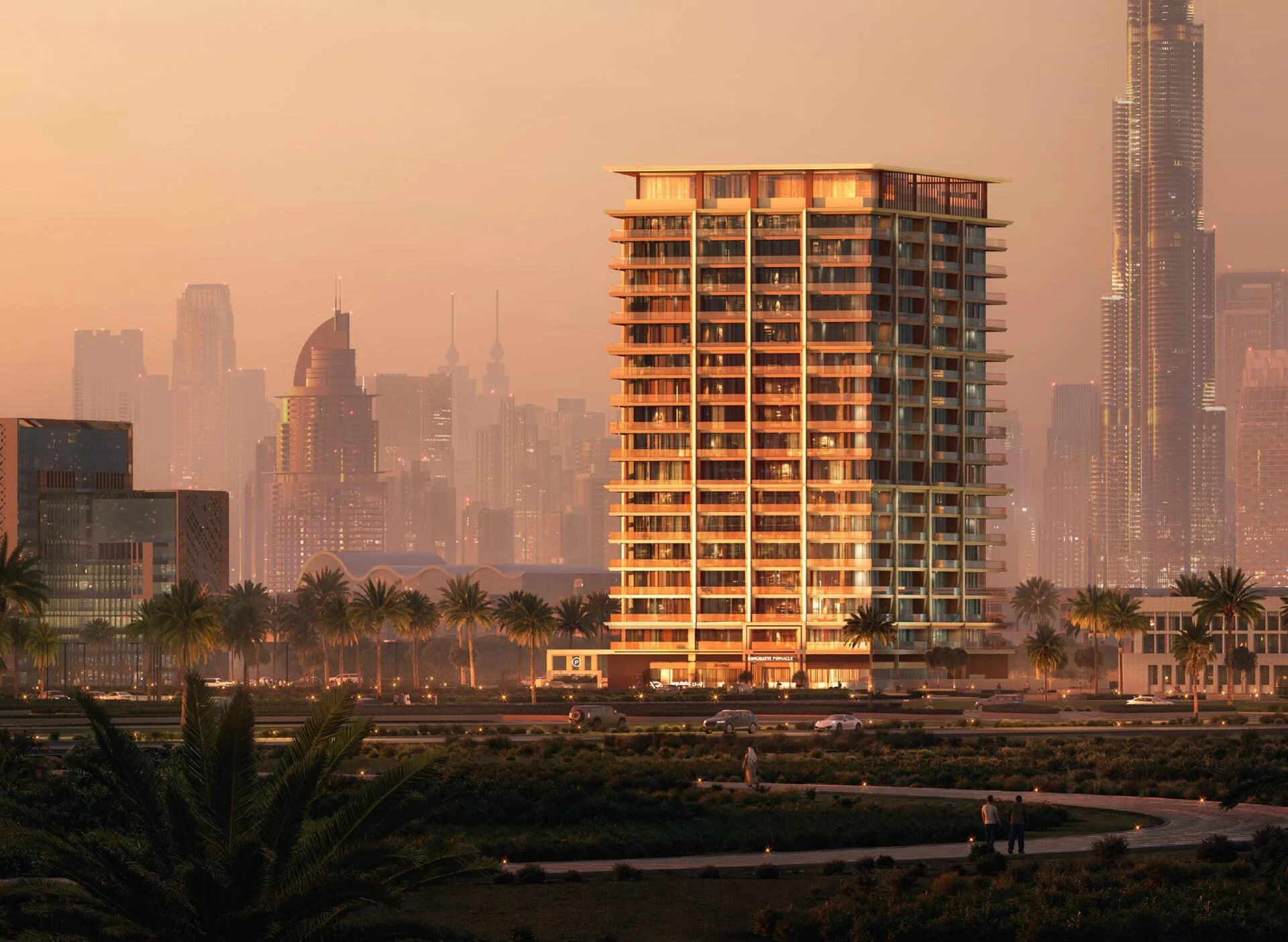 A high-angle photo of a modern building, Binghatti Pinnacle, at sunset in Dubai.