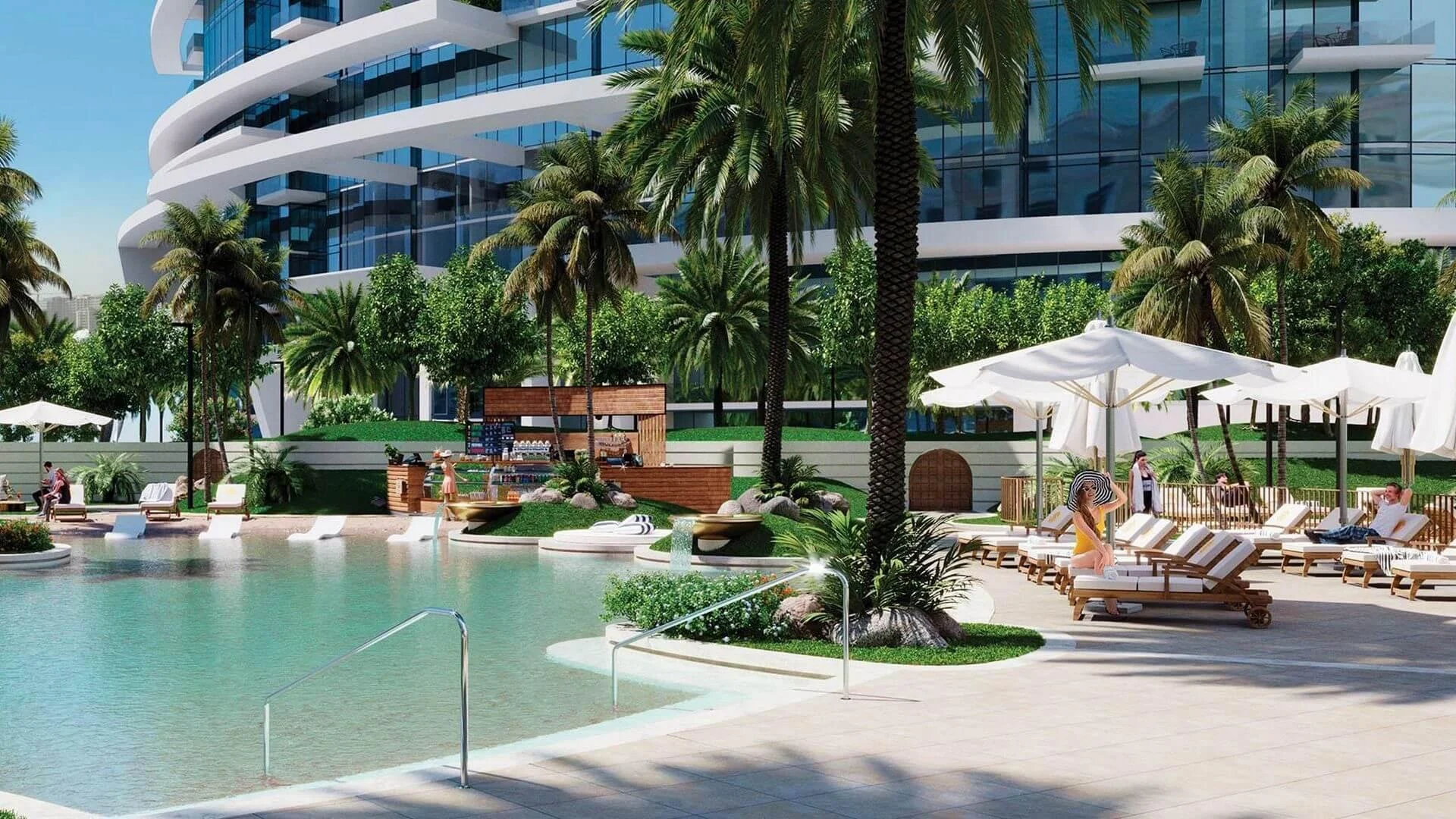 Luxury poolside lounge with palm trees at Cavalli Tower Dubai