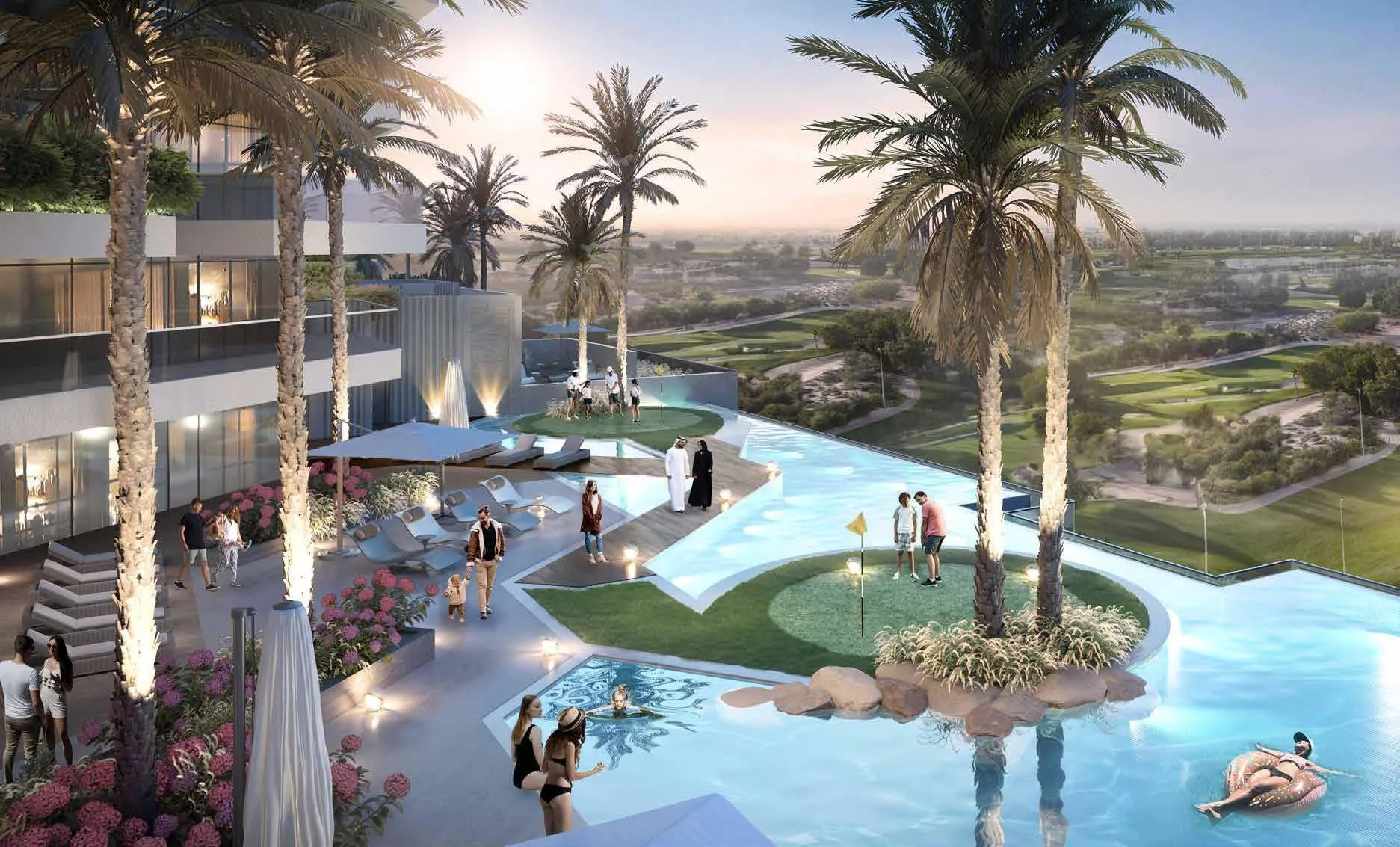 Luxury poolside leisure with golf views at Golf Greens community Dubai.