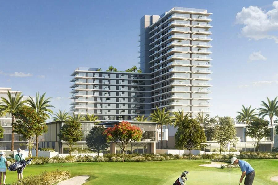 Golf Suites Apartments exterior with golf course view and modern high-rise design