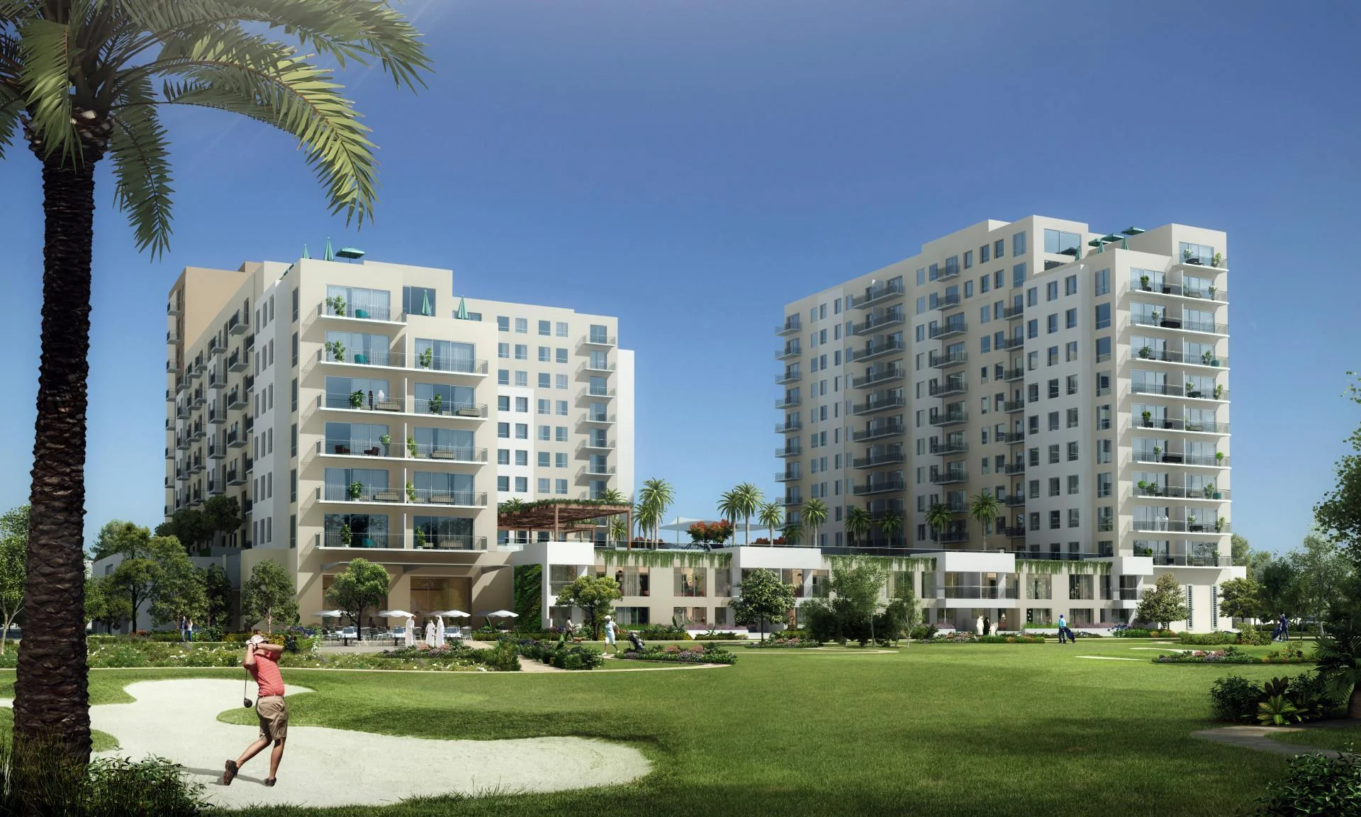 Golf suites apartments overlooking lush golf course with modern balconies