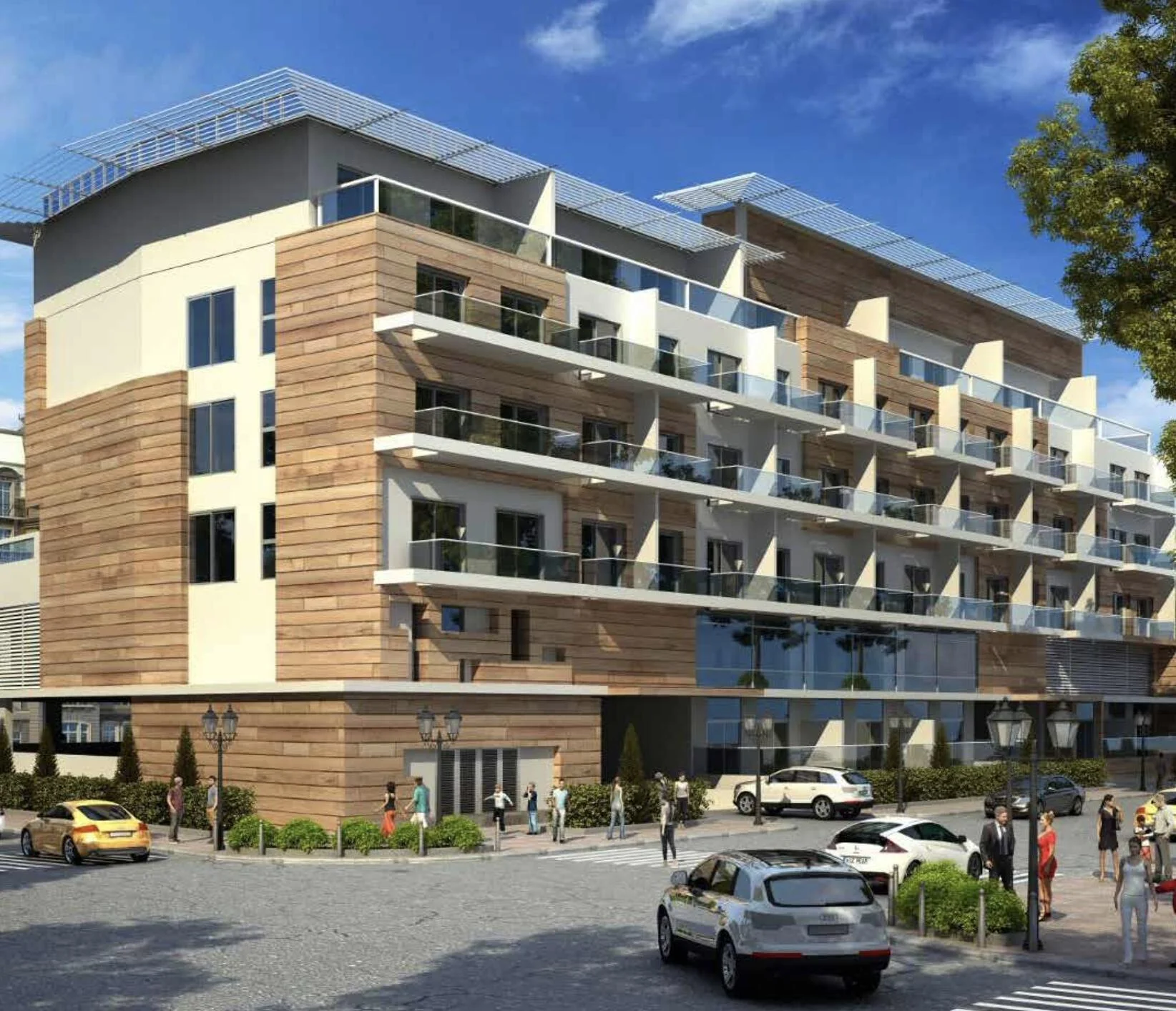 Modern facade of Oxford Residence with balconies and street view.
