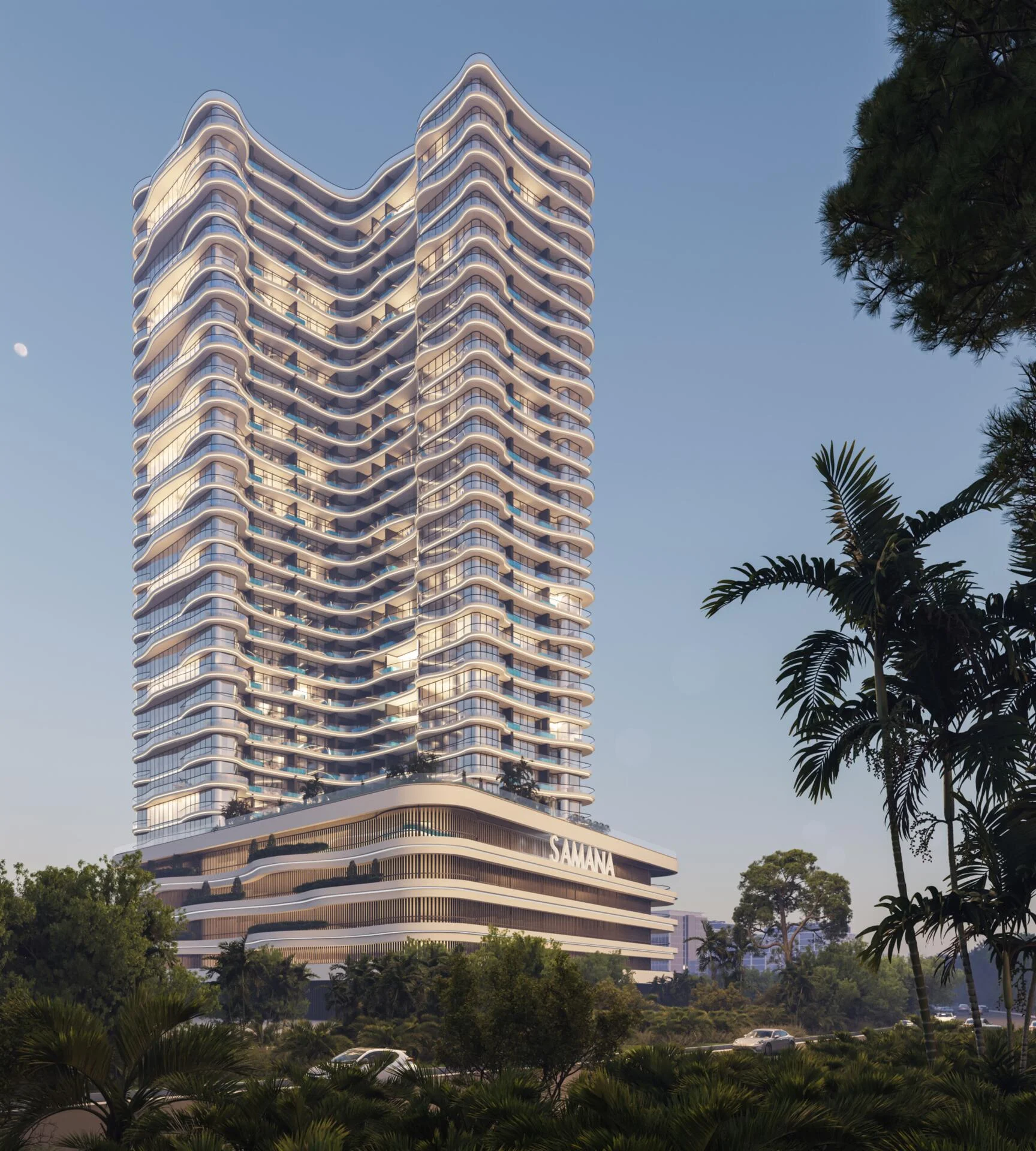 Modern high-rise tower of Samana Barari Views surrounded by greenery and skyline.